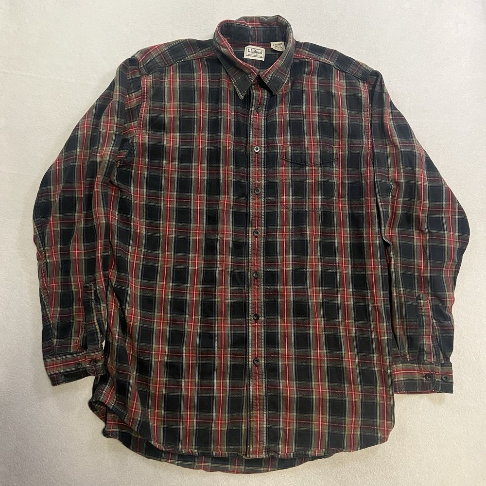 LL Bean Flannel Shirt Men's Size Large Tall Green Red Plaid Button Up 0WT22